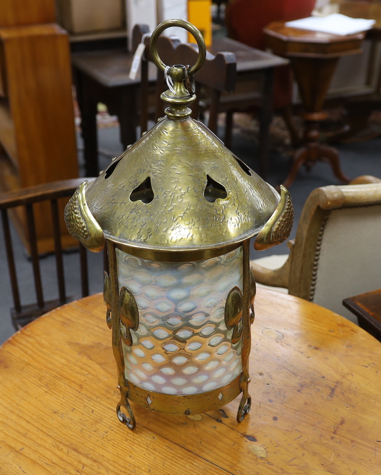 A brass Art Nouveau hall lamp with vaseline glass shade in Benson style, 48cm high